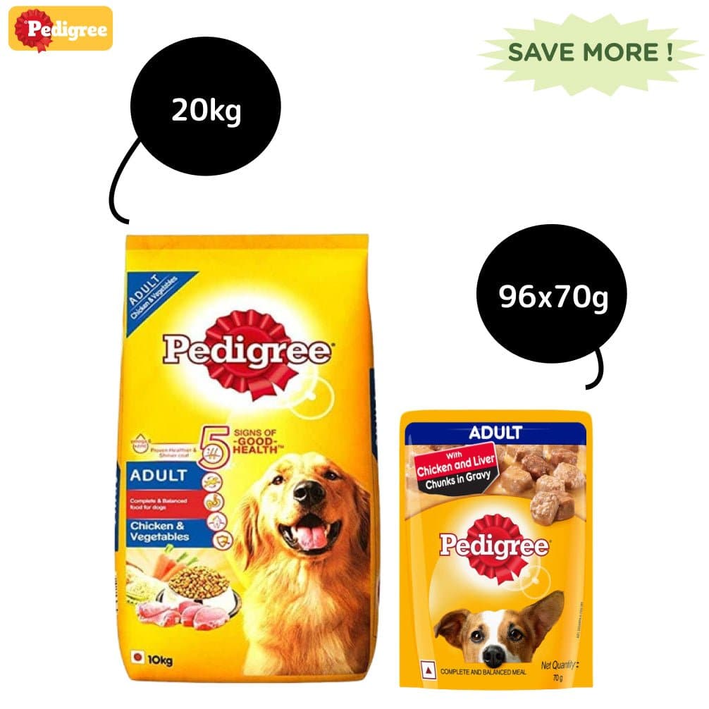 Pedigree Chicken & Liver Chunks in Gravy Wet and Chicken & Vegetables Dry Adult Dog Food Combo